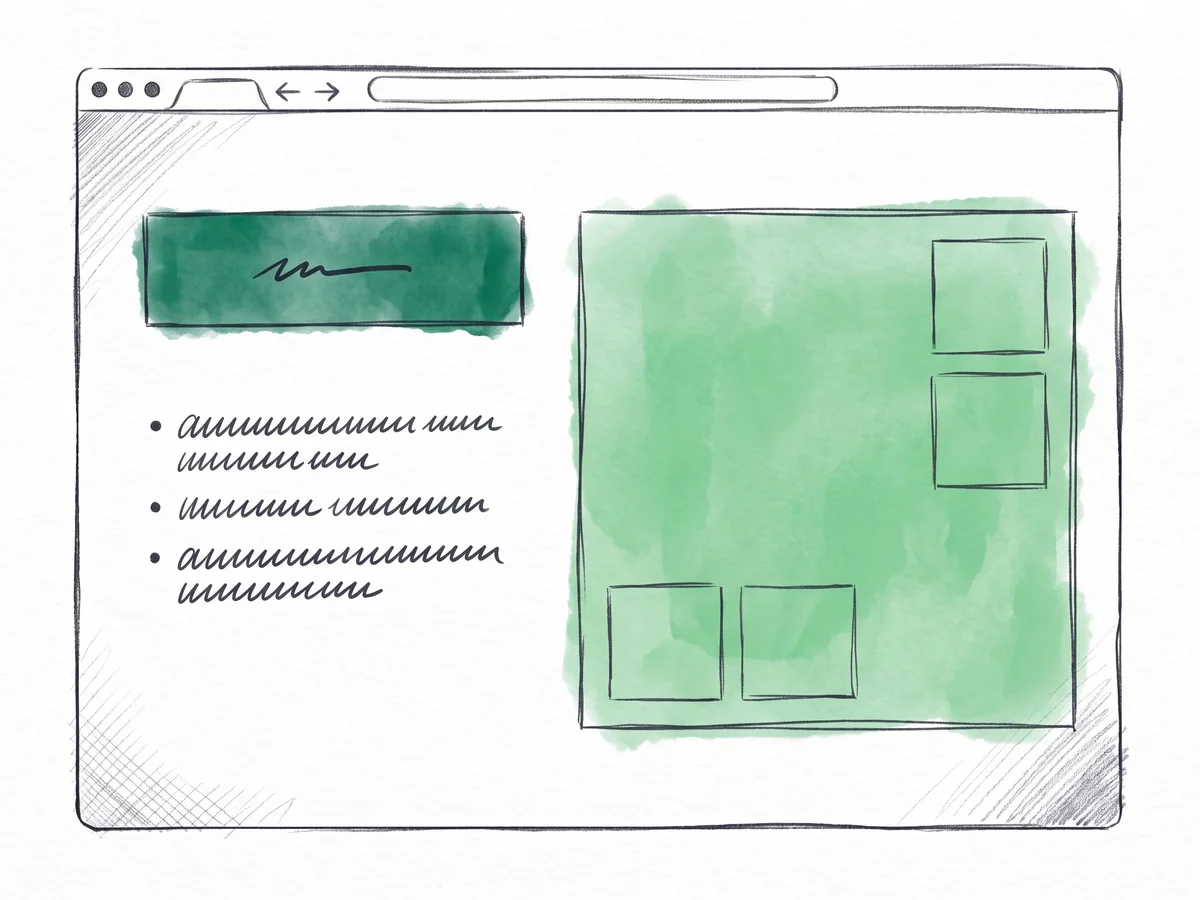 The same product page redrawn with a large gallery, a scannable bullet block, and a prominent buy button washed in green