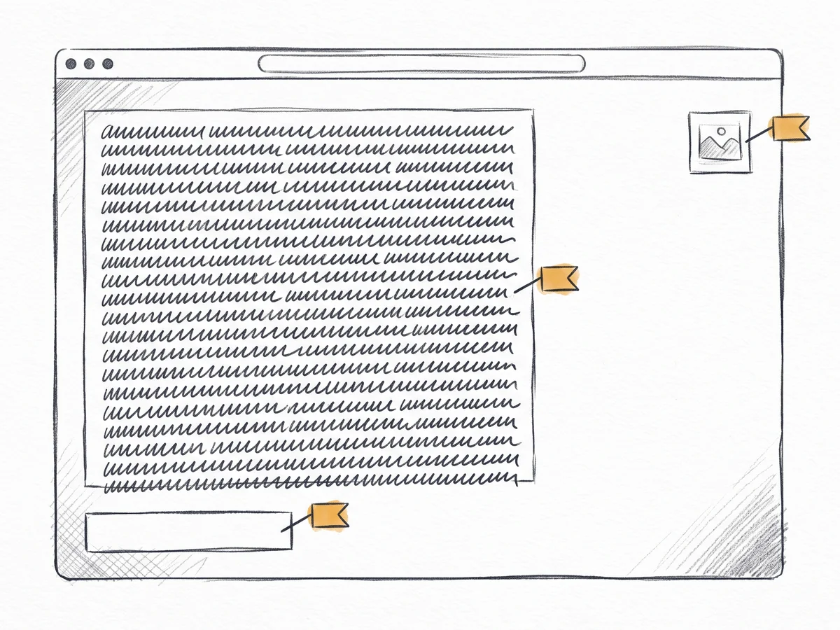 An ecommerce product page sketched in grey pencil, amber flags on the tiny product image, the wall-of-text description, and the buried buy button