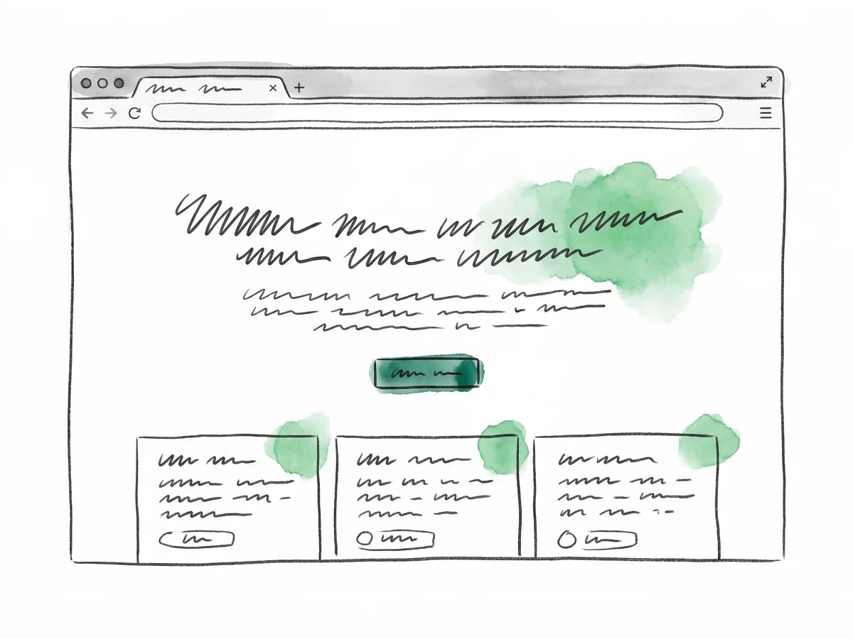 The same SaaS hero redrawn with a balanced headline, a prominent button high in the frame, and green washes where the flags used to be