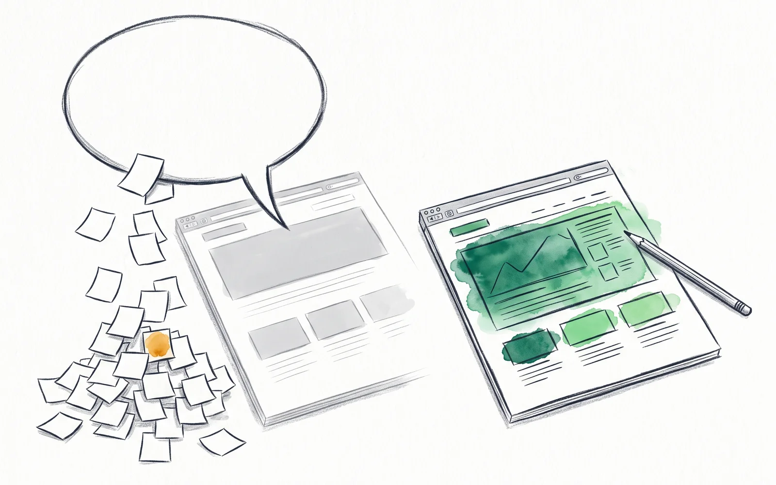An empty speech bubble showering sticky notes beside an untouched webpage, and the same page with its middle section actually redrawn and washed in green