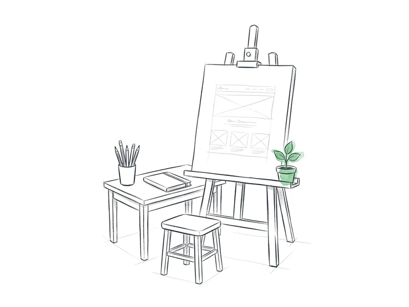 A blank canvas waiting on an easel beside pencils and a plant: the from-nothing project Lovable is built for