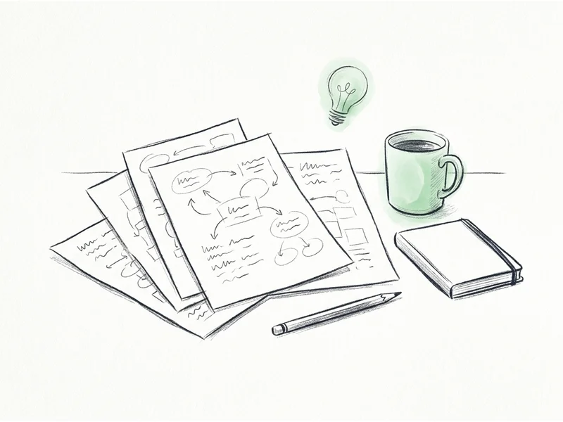 A desk of fanned brainstorm sketches beside a coffee mug and a glowing idea: the thinking-partner work a chatbot does well