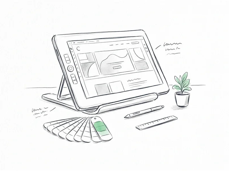 A design tablet on a stand showing a refined layout, a stylus, a fan of color swatches, and a potted plant: the beautiful greenfield canvas Framer gives you
