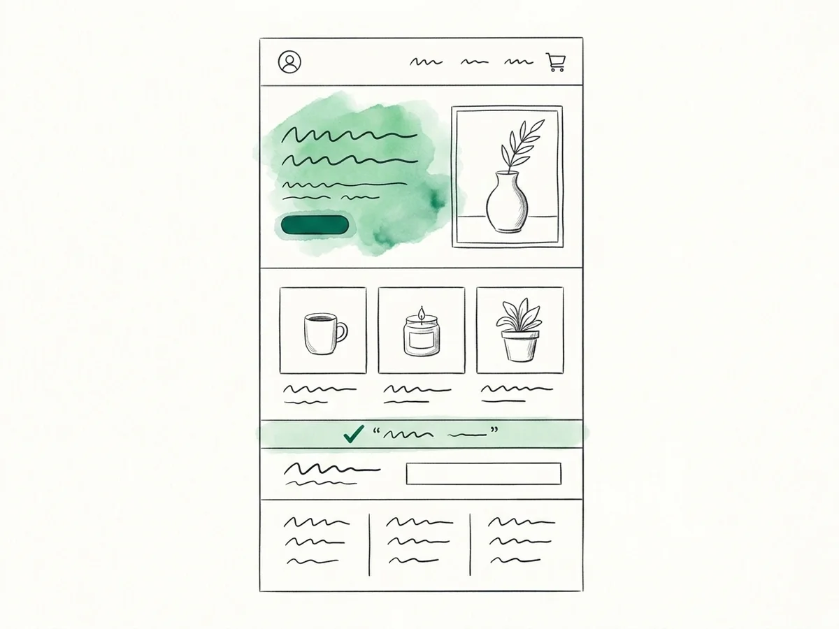 The same storefront page redrawn with confident linework, green washes on the hero and call to action, and a new review strip added