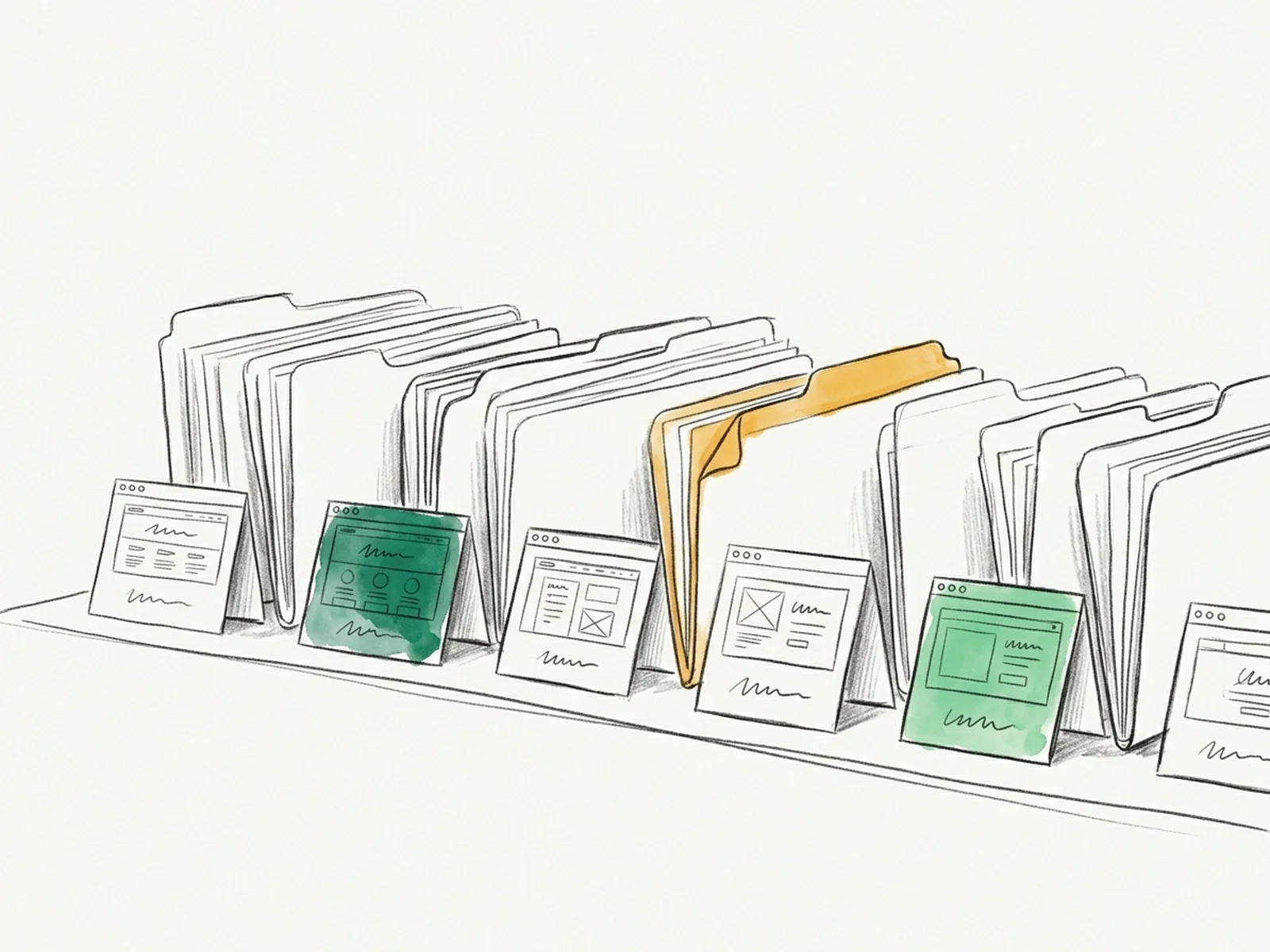 A neat row of hand-drawn client folders and small browser-window cards standing upright like nameplates on a desk edge, each showing a different tiny page layout