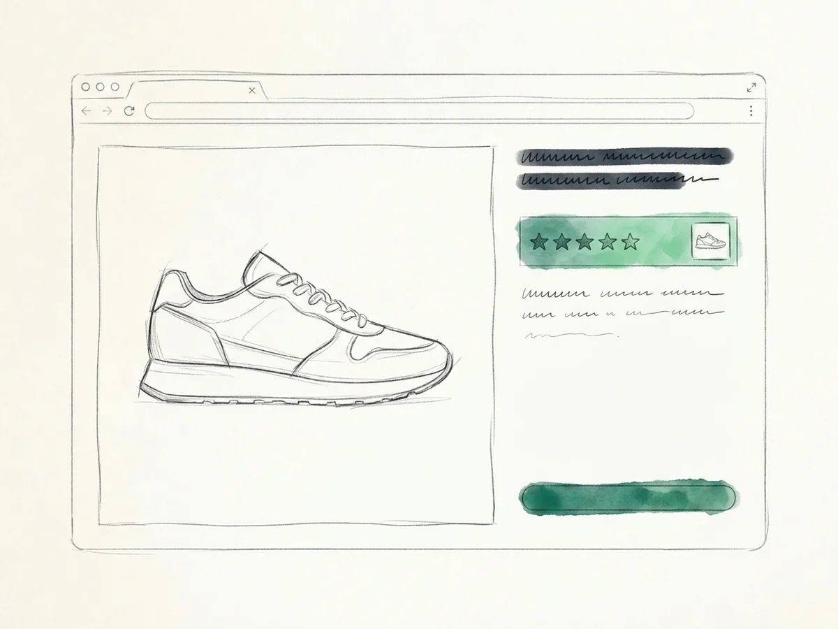 The same product page redesigned: a clear benefit headline, a customer-review strip with an image, and a large add-to-cart button washed in green