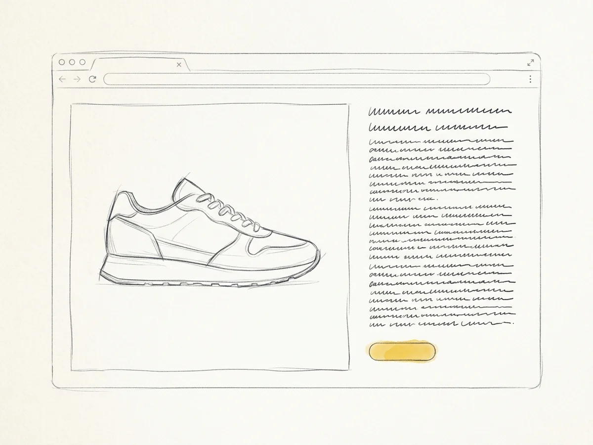 A hand-drawn product page with dense cramped spec rows and a small buried add-to-cart button marked in amber