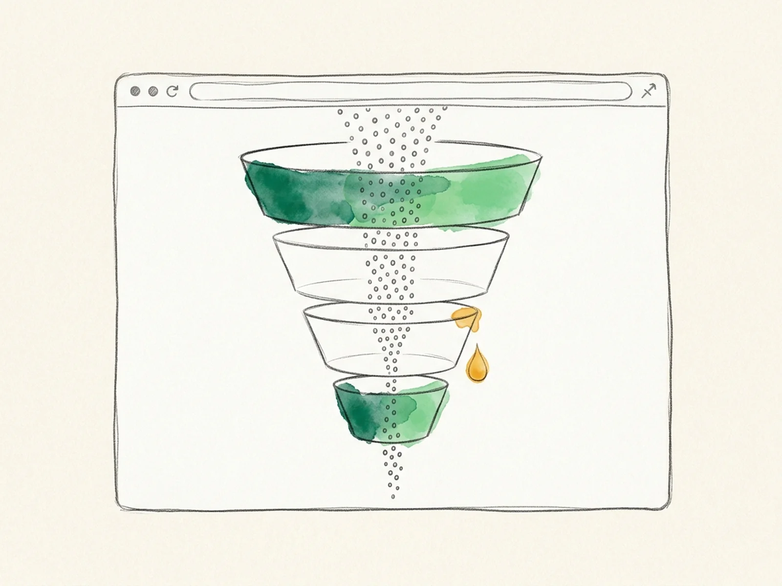 The same four-stage funnel, with the drop-off stage circled where the flow of pencil dots visibly thins