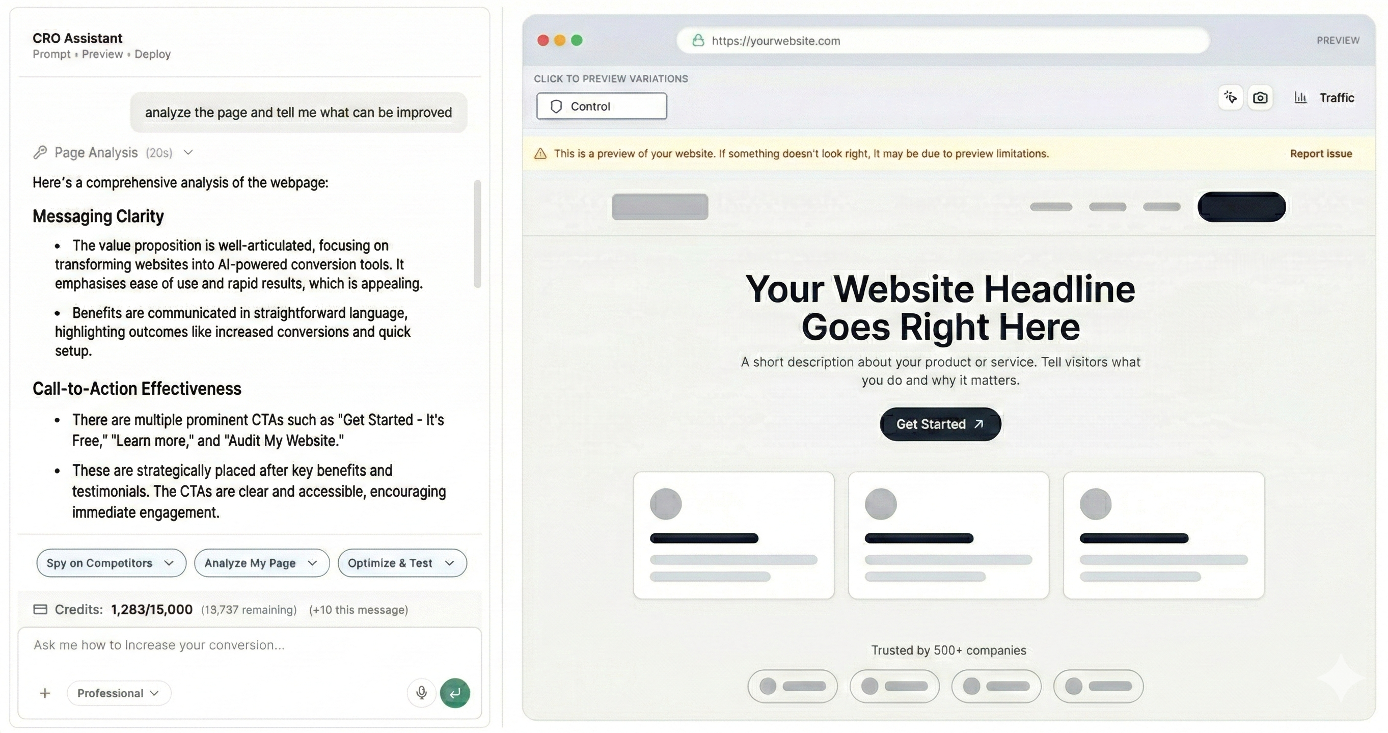 Grona platform showing competitive research and A/B testing