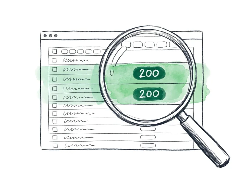 Sketched magnifier catching two green 200 status pills in the network tab