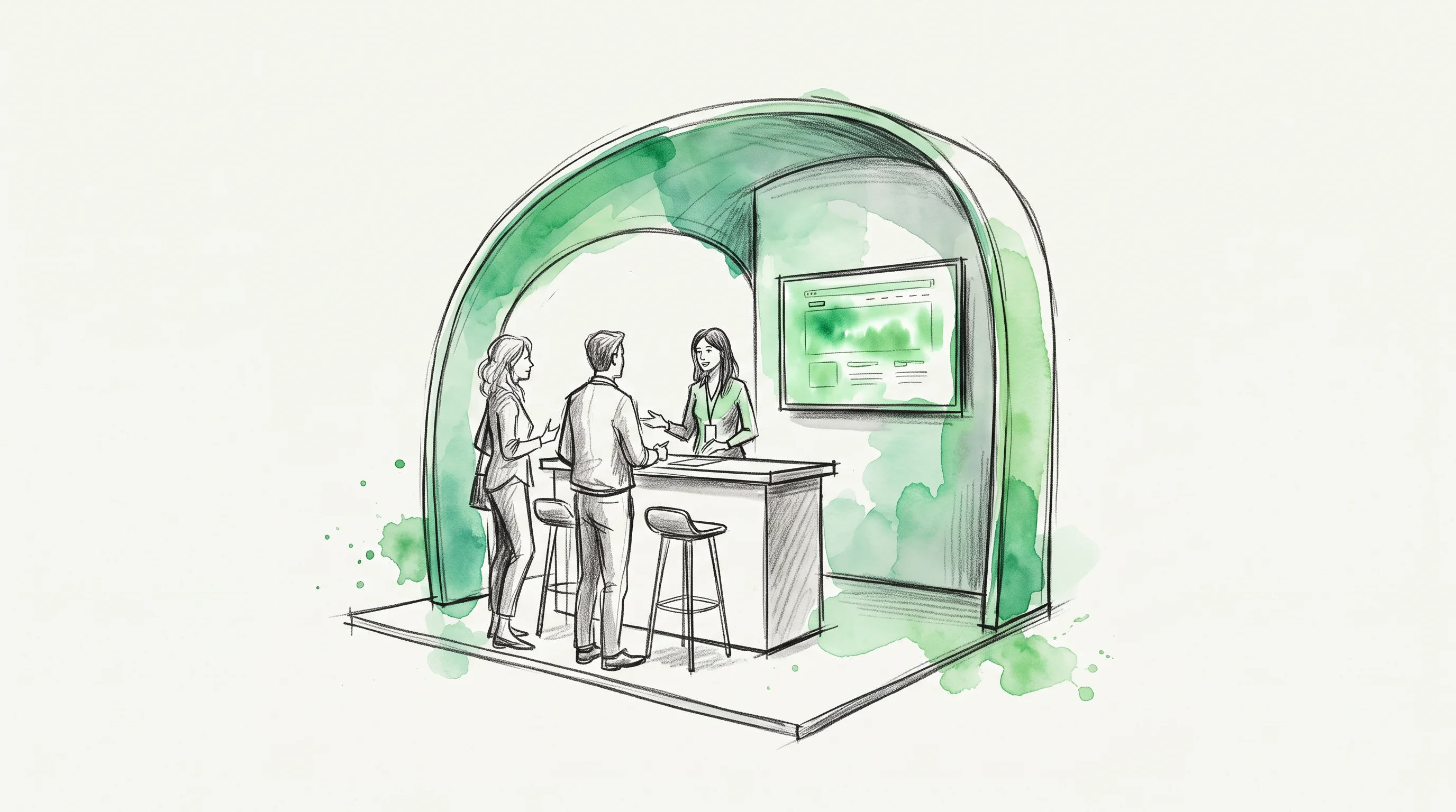 Hand-drawn sketch of the Grona startup pod: an arched booth washed in green watercolor, visitors talking at the counter, a screen showing a website coming alive