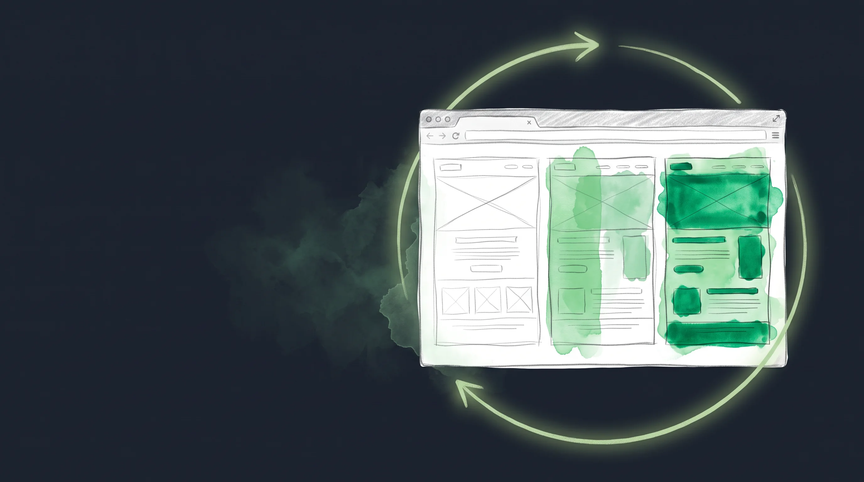 Hand-drawn website inside a glowing improvement loop, its sections coming alive in green watercolor