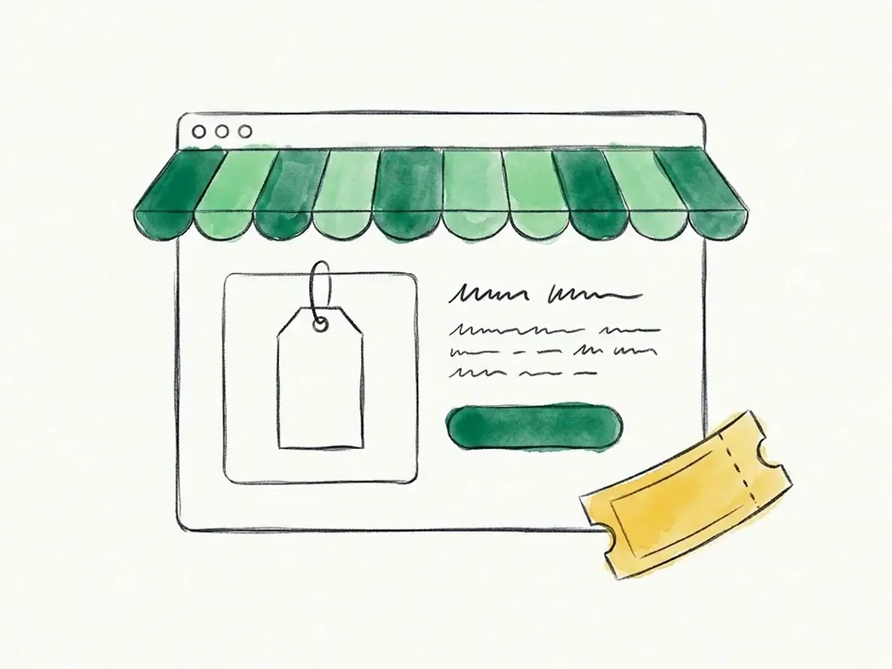 A browser window drawn as a small storefront with a striped green awning, a product card with a price tag and add-to-cart button inside