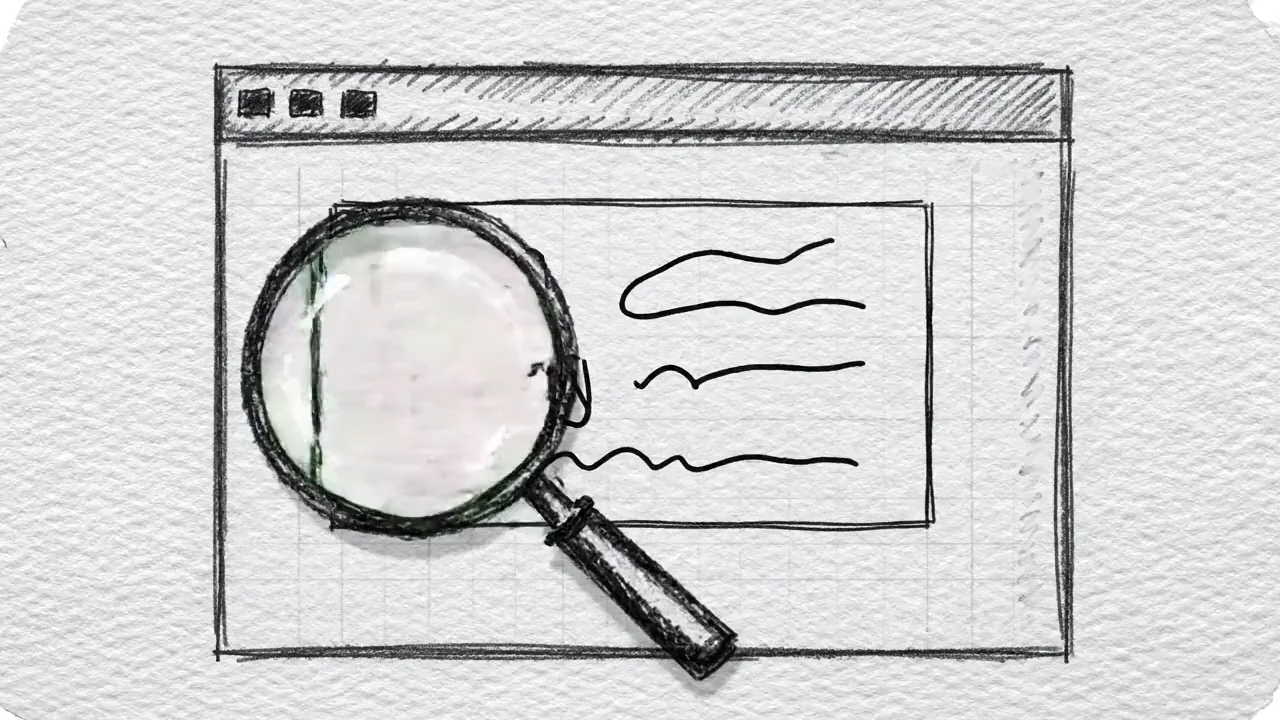 A magnifying glass sweeping across a hand-drawn analytics chart inside a browser window, a green wash blooming where the lens passes