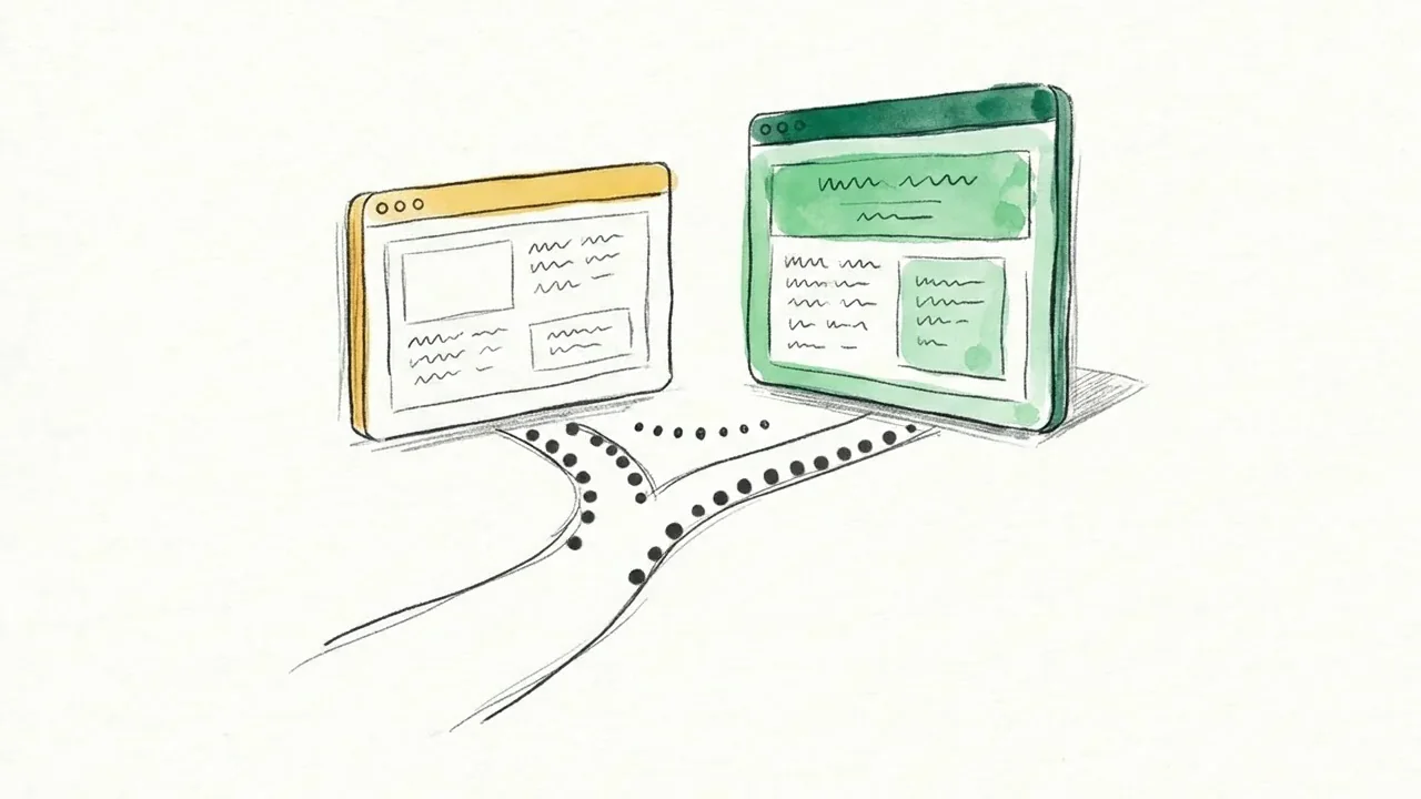 A stream of dots splitting down a fork between two browser cards, the green-washed winning card lifting slightly and settling